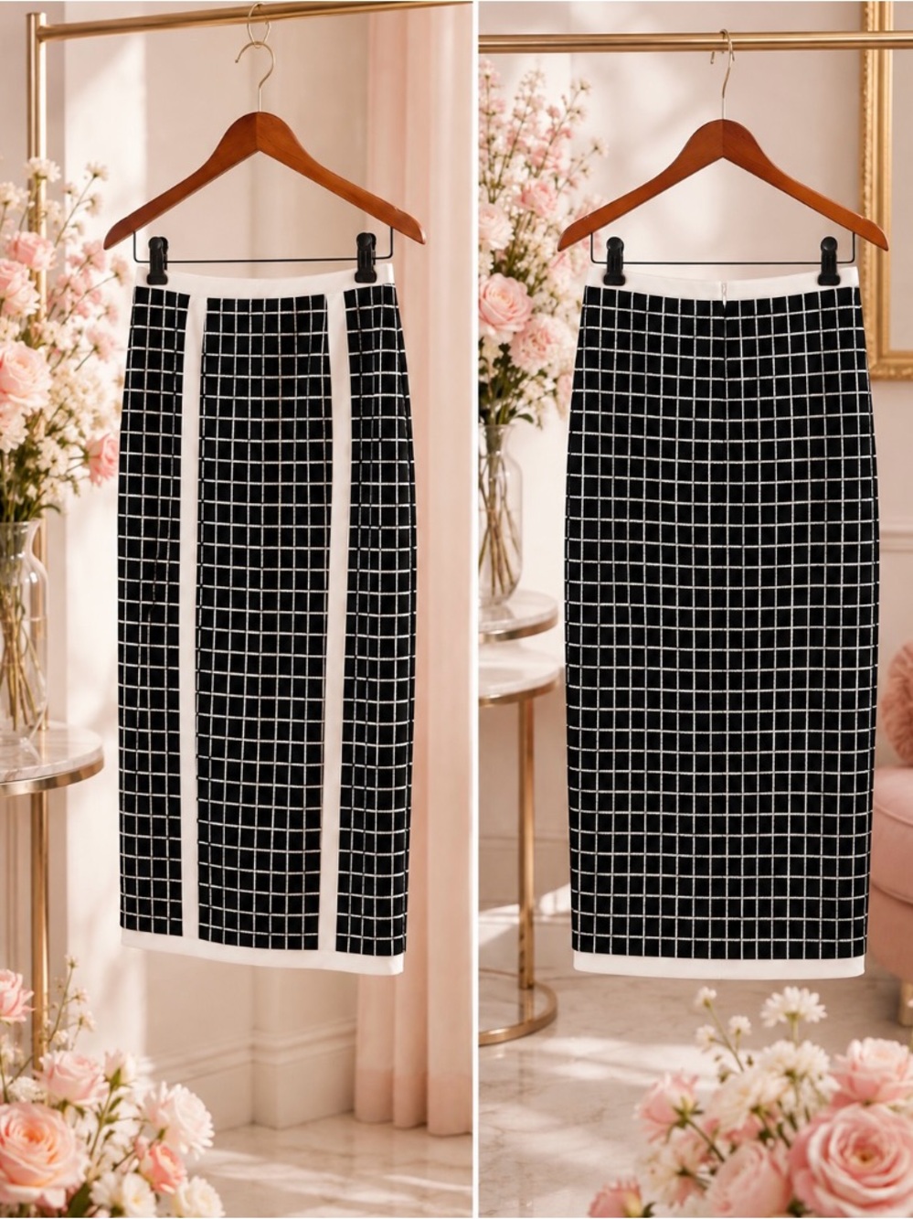Papaya Black and White Grid Pencil Skirt
